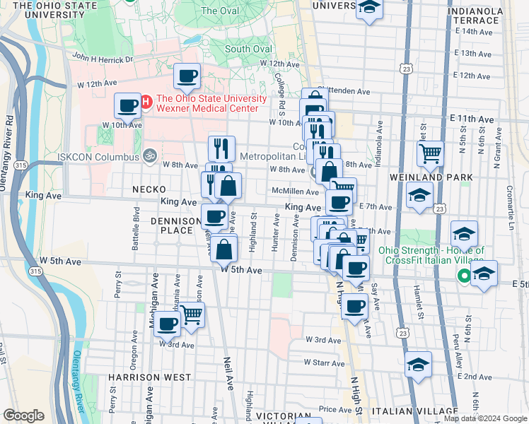map of restaurants, bars, coffee shops, grocery stores, and more near 137 King Avenue in Columbus