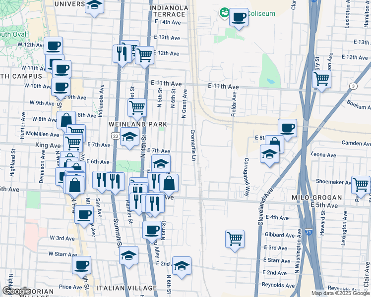 map of restaurants, bars, coffee shops, grocery stores, and more near 1298 North Grant Avenue in Columbus