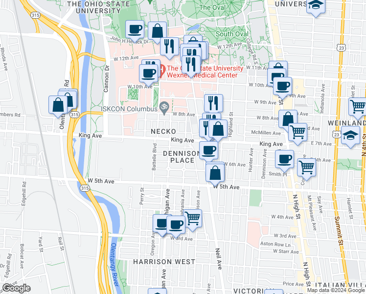 map of restaurants, bars, coffee shops, grocery stores, and more near 1413 Pennsylvania Avenue in Columbus
