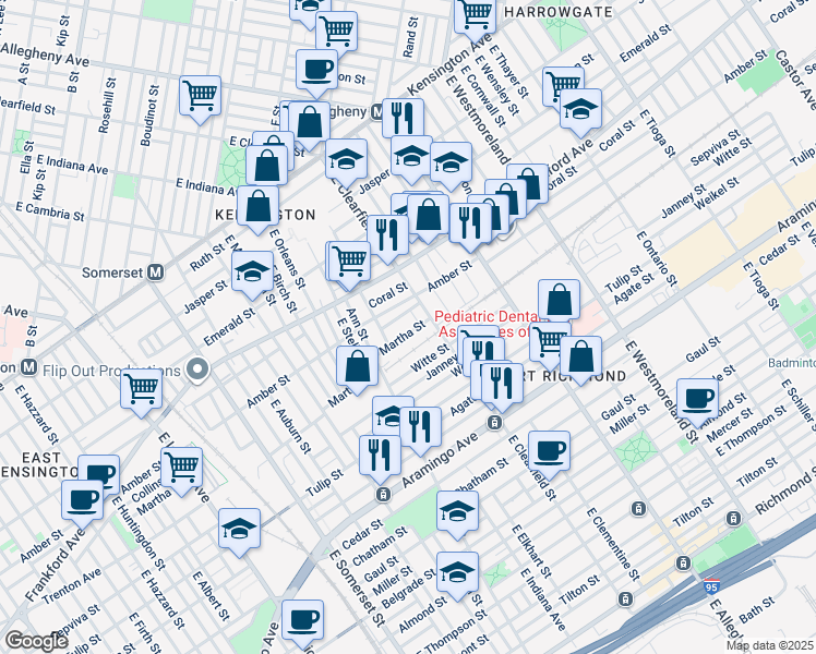 map of restaurants, bars, coffee shops, grocery stores, and more near 3066 Martha Street in Philadelphia