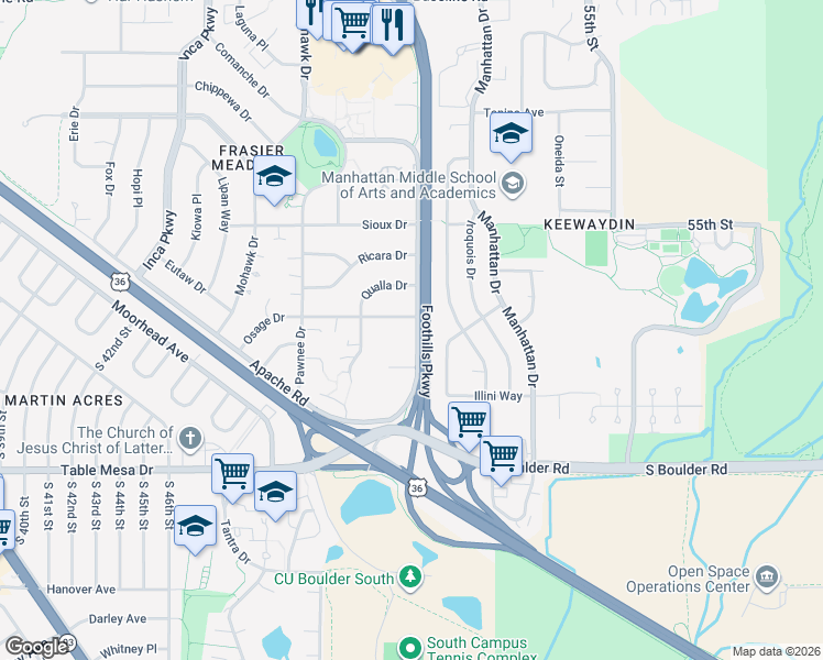 map of restaurants, bars, coffee shops, grocery stores, and more near 4990 Osage Drive in Boulder