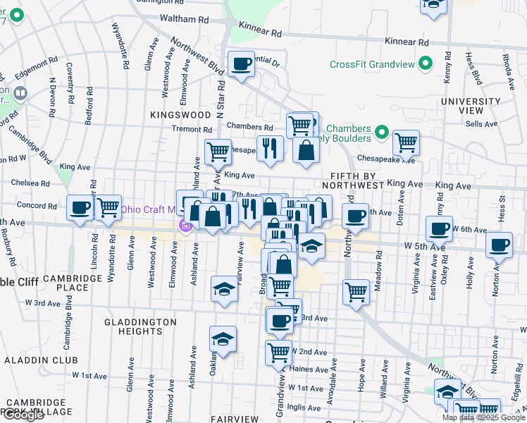 map of restaurants, bars, coffee shops, grocery stores, and more near 1474 West 6th Avenue in Columbus