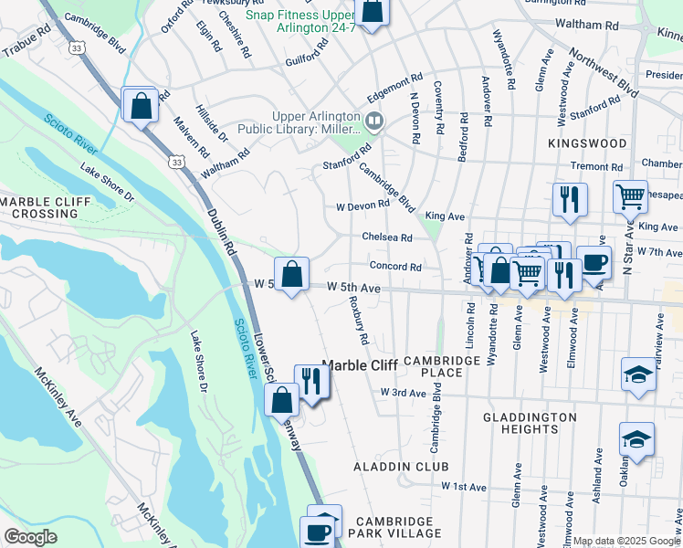 map of restaurants, bars, coffee shops, grocery stores, and more near 1669 Roxbury Road in Columbus