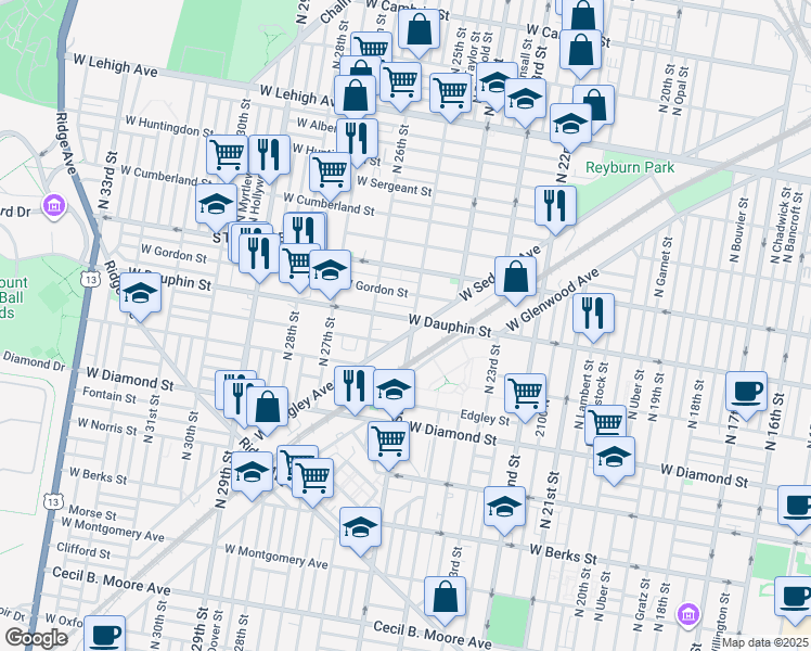 map of restaurants, bars, coffee shops, grocery stores, and more near 2200 N 25th St in Philadelphia