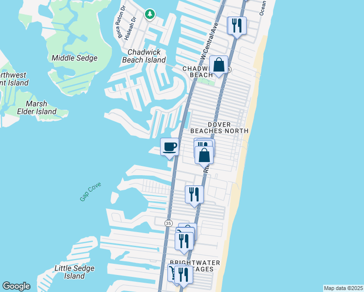 map of restaurants, bars, coffee shops, grocery stores, and more near 3281 Goa Way in Lavallette