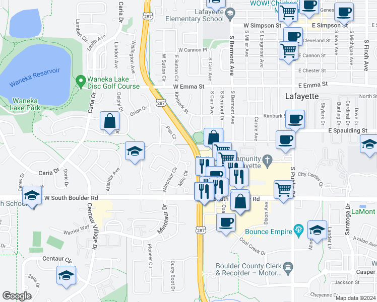 map of restaurants, bars, coffee shops, grocery stores, and more near 928 Milo Circle in Lafayette