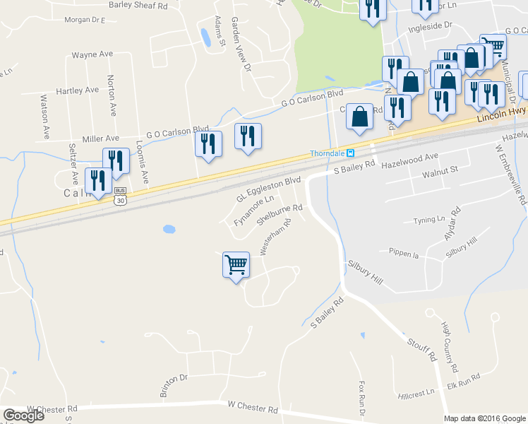 map of restaurants, bars, coffee shops, grocery stores, and more near 2725 Shelburne Road in Downingtown