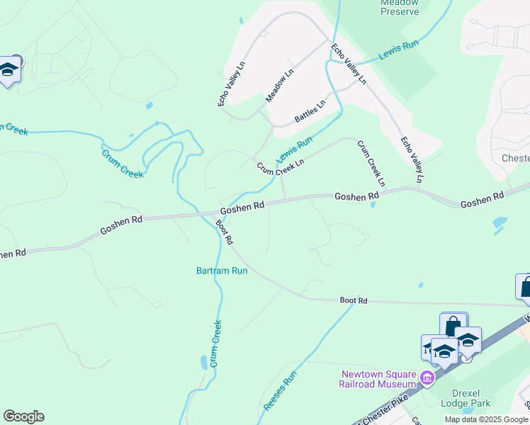 map of restaurants, bars, coffee shops, grocery stores, and more near 2 Woolman Drive in Newtown Square