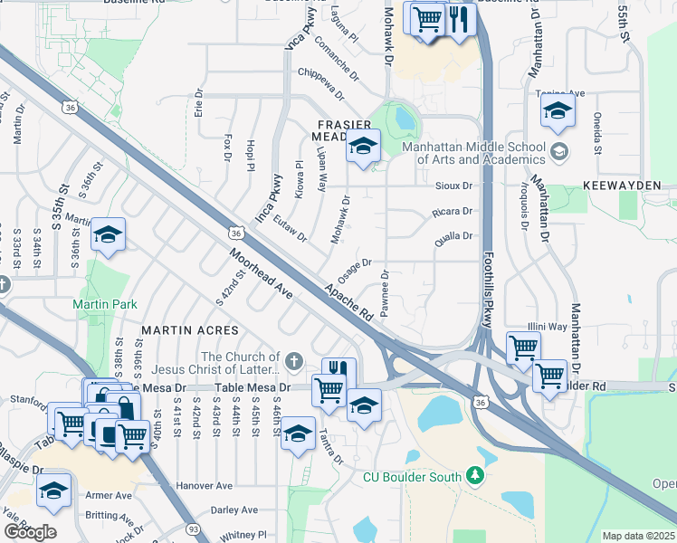 map of restaurants, bars, coffee shops, grocery stores, and more near 4455 Osage Drive in Boulder