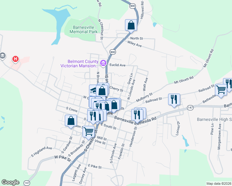 map of restaurants, bars, coffee shops, grocery stores, and more near 132 Cherry Street in Barnesville