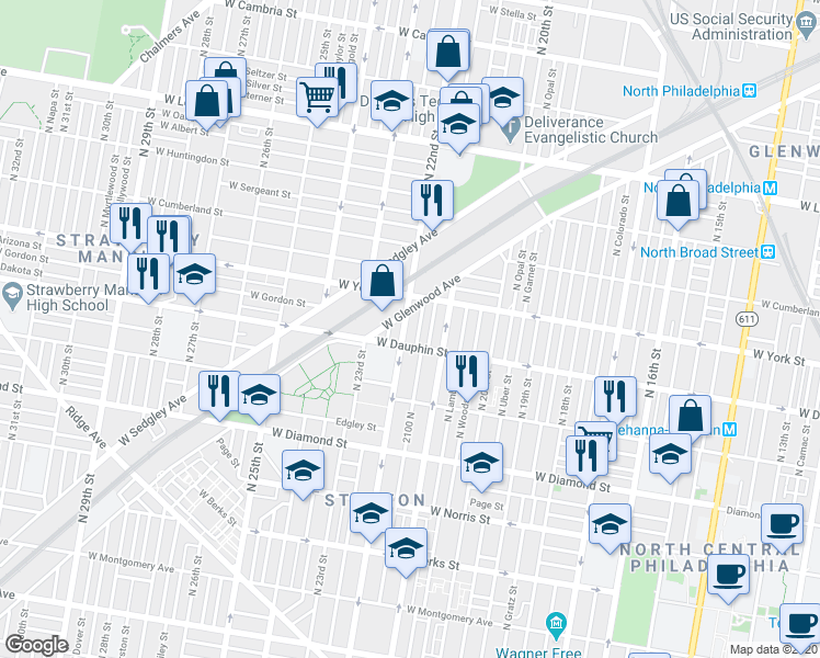 map of restaurants, bars, coffee shops, grocery stores, and more near 2321 North 22nd Street in Philadelphia