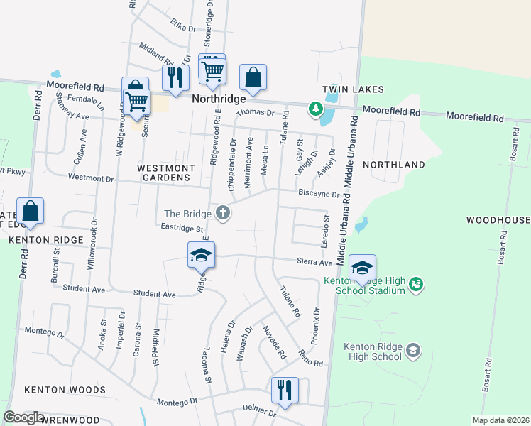 map of restaurants, bars, coffee shops, grocery stores, and more near 4633 Tulane Road in Springfield