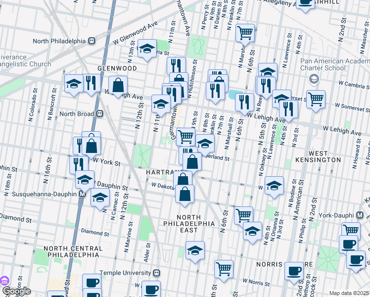 map of restaurants, bars, coffee shops, grocery stores, and more near 2501 Germantown Avenue in Philadelphia