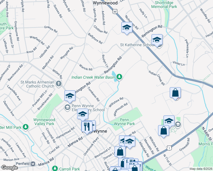map of restaurants, bars, coffee shops, grocery stores, and more near 305 Barwynne Lane in Wynnewood