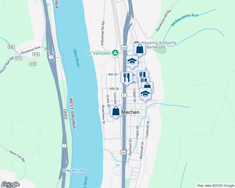 map of restaurants, bars, coffee shops, grocery stores, and more near 610 Lincoln St in McMechen