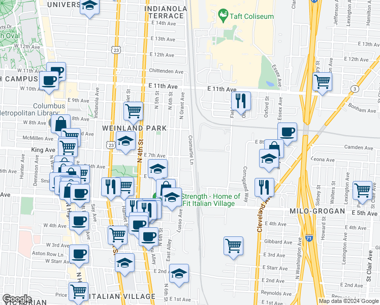 map of restaurants, bars, coffee shops, grocery stores, and more near 1305 Cromartie Lane in Columbus