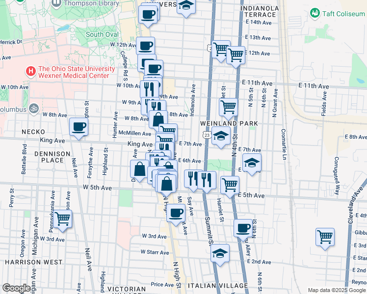 map of restaurants, bars, coffee shops, grocery stores, and more near 77 East 7th Avenue in Columbus
