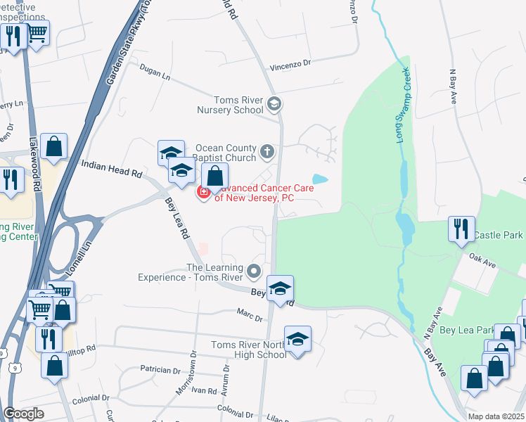 map of restaurants, bars, coffee shops, grocery stores, and more near 1348 Old Freehold Road in Toms River