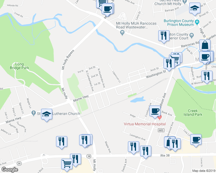 map of restaurants, bars, coffee shops, grocery stores, and more near 353 Washington Street in Mount Holly