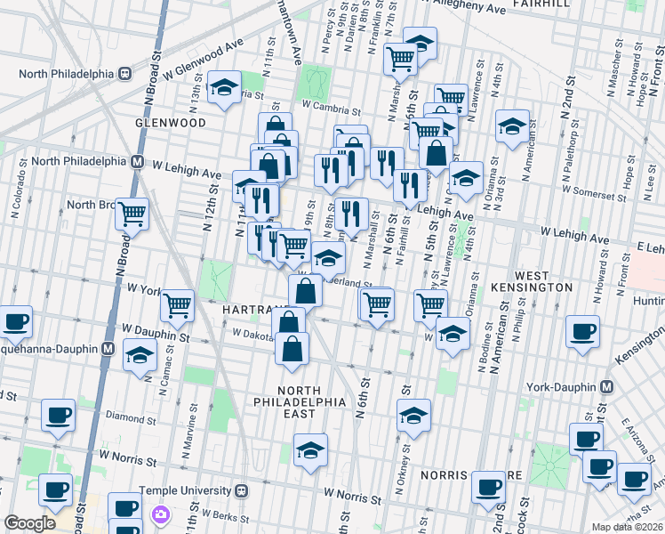 map of restaurants, bars, coffee shops, grocery stores, and more near 2515 North 8th Street in Philadelphia