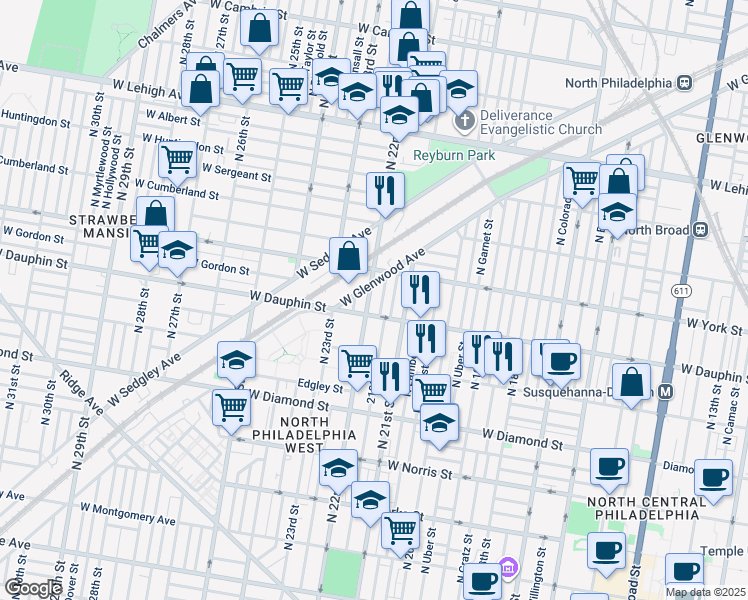 map of restaurants, bars, coffee shops, grocery stores, and more near 2321 North 22nd Street in Philadelphia