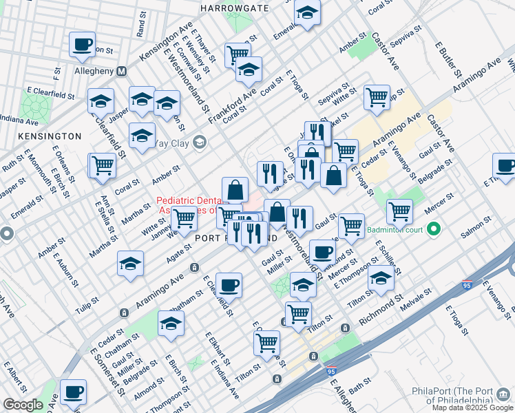 map of restaurants, bars, coffee shops, grocery stores, and more near 3266 Memphis Street in Philadelphia