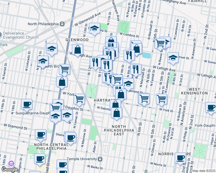 map of restaurants, bars, coffee shops, grocery stores, and more near 2500 N 10th St in Philadelphia