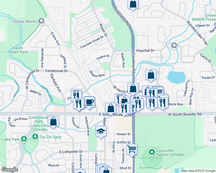map of restaurants, bars, coffee shops, grocery stores, and more near 1843 Kalel Lane in Louisville