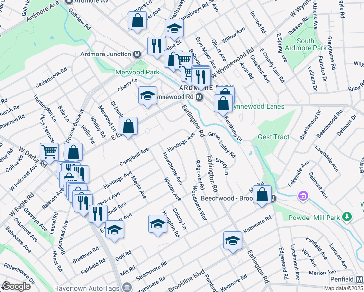 map of restaurants, bars, coffee shops, grocery stores, and more near 415 Hastings Avenue in Havertown