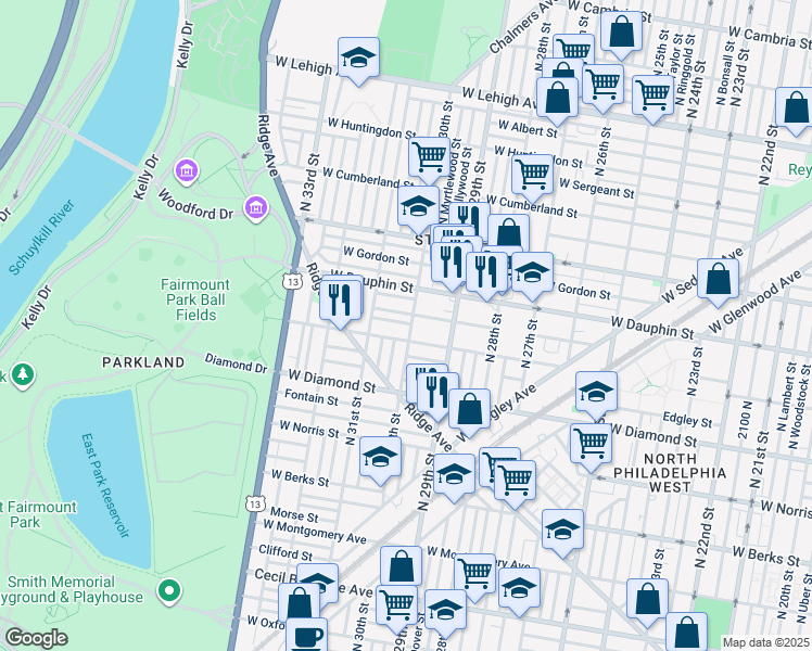 map of restaurants, bars, coffee shops, grocery stores, and more near 2216 North 30th Street in Philadelphia