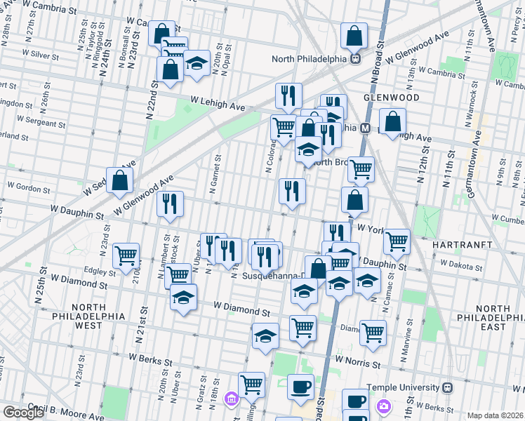 map of restaurants, bars, coffee shops, grocery stores, and more near North Colorado Street in Philadelphia