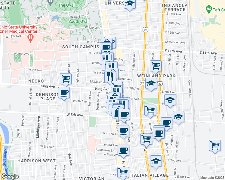 map of restaurants, bars, coffee shops, grocery stores, and more near 1358 High St in Columbus