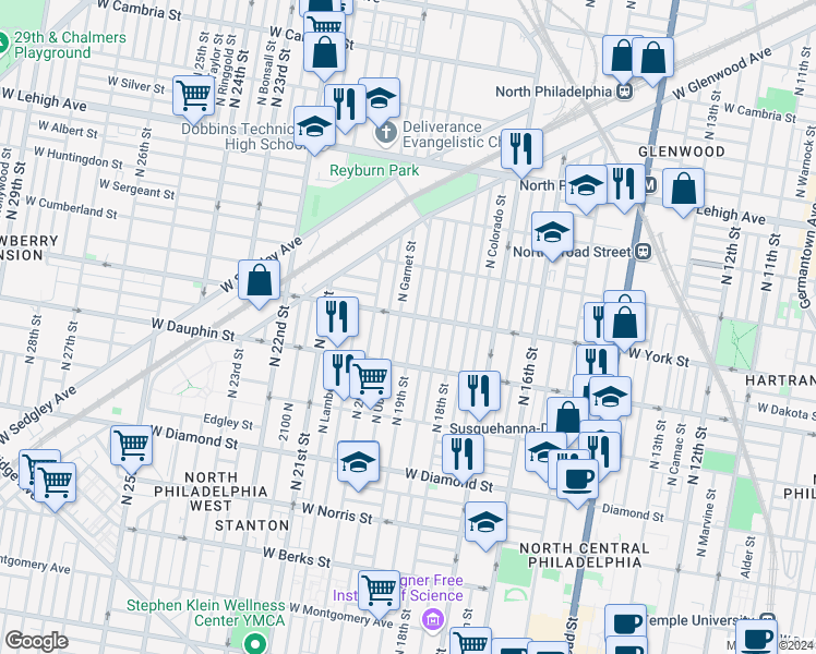 map of restaurants, bars, coffee shops, grocery stores, and more near 2350 North 19th Street in Philadelphia