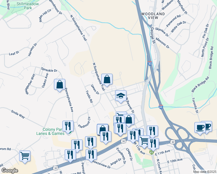 map of restaurants, bars, coffee shops, grocery stores, and more near 2125 North Susquehanna Trail in York