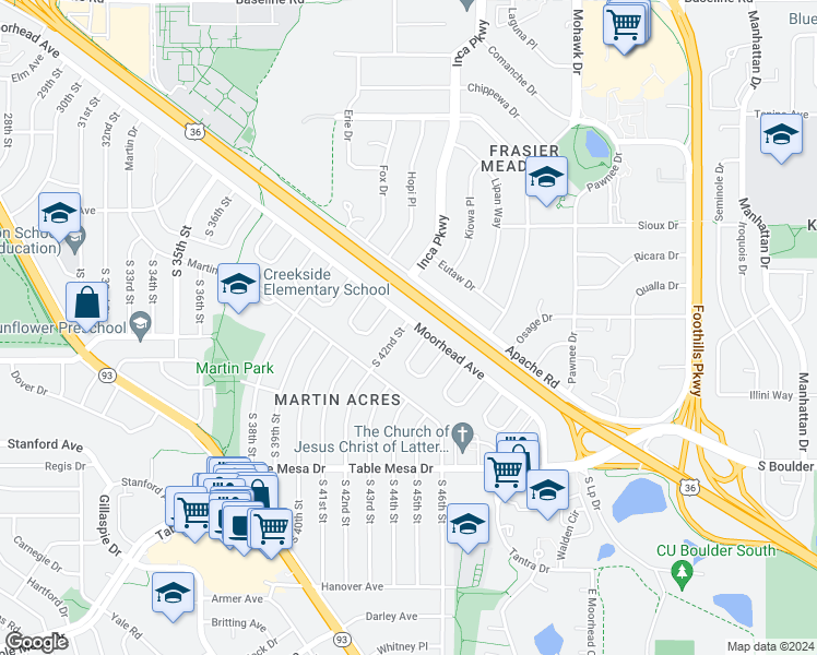 map of restaurants, bars, coffee shops, grocery stores, and more near 110 South 42nd Street in Boulder