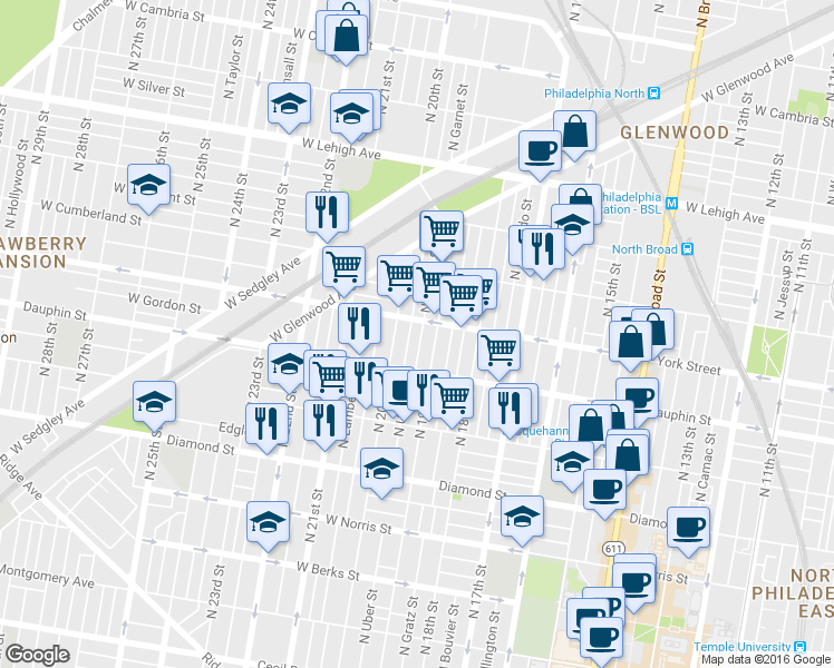 map of restaurants, bars, coffee shops, grocery stores, and more near 2350 North Garnet Street in Philadelphia