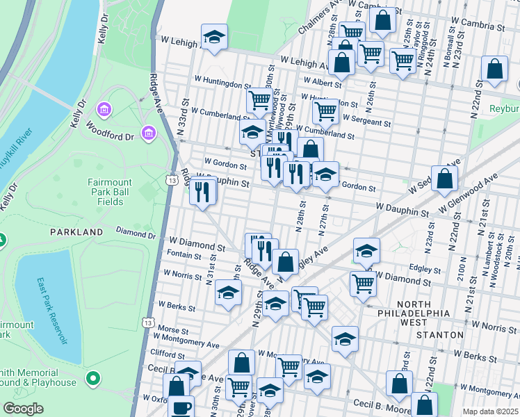 map of restaurants, bars, coffee shops, grocery stores, and more near 2912 West Fletcher Street in Philadelphia