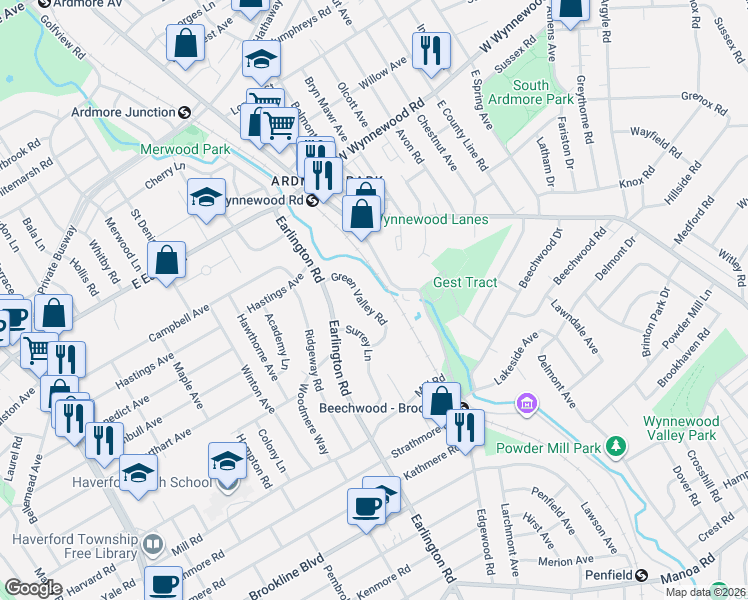 map of restaurants, bars, coffee shops, grocery stores, and more near 1727 Green Valley Road in Havertown