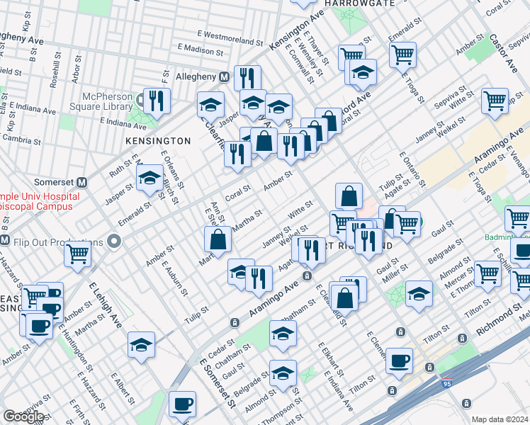 map of restaurants, bars, coffee shops, grocery stores, and more near 2132 East Clearfield Street in Philadelphia