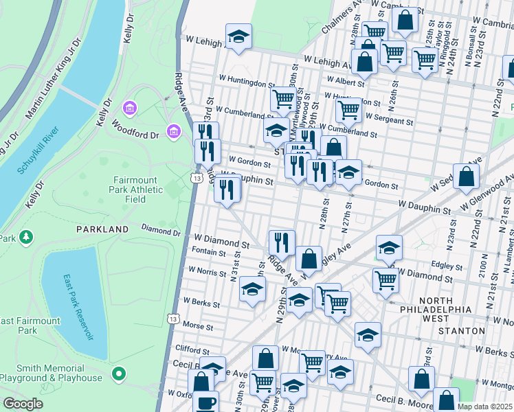 map of restaurants, bars, coffee shops, grocery stores, and more near 3030 West Colona Street in Philadelphia