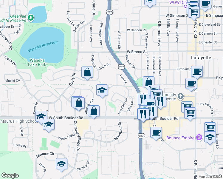 map of restaurants, bars, coffee shops, grocery stores, and more near 1030 Parthenon Place in Lafayette