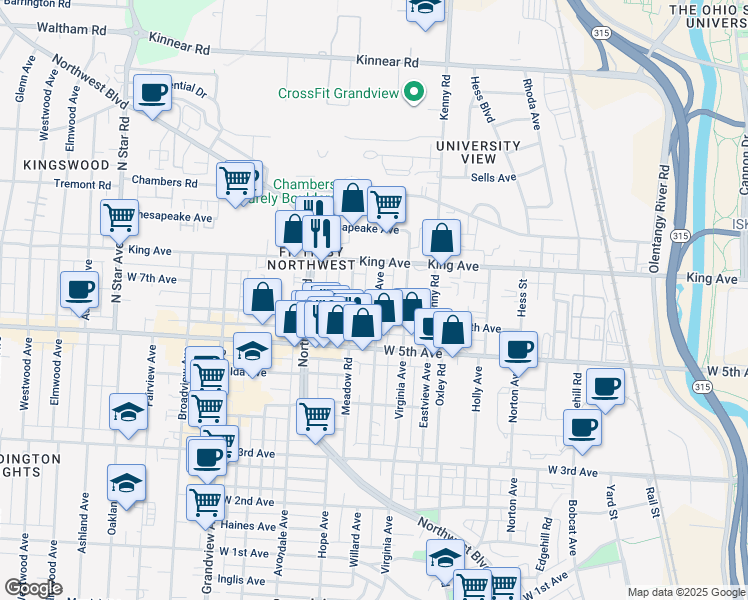 map of restaurants, bars, coffee shops, grocery stores, and more near 1196 West 6th Avenue in Columbus