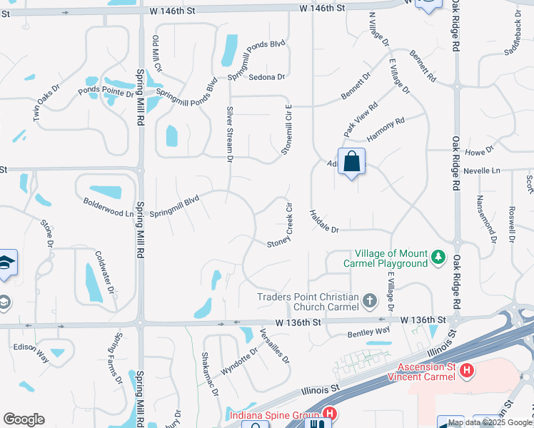 map of restaurants, bars, coffee shops, grocery stores, and more near 1360 Stoney Creek Circle in Carmel