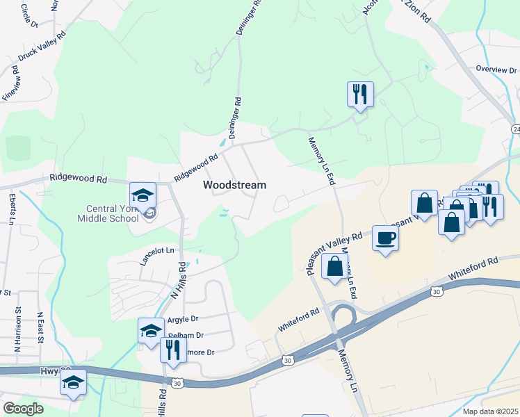 map of restaurants, bars, coffee shops, grocery stores, and more near 1925 Woodstream Drive in York