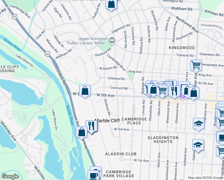 map of restaurants, bars, coffee shops, grocery stores, and more near 2023 Concord Road in Upper Arlington