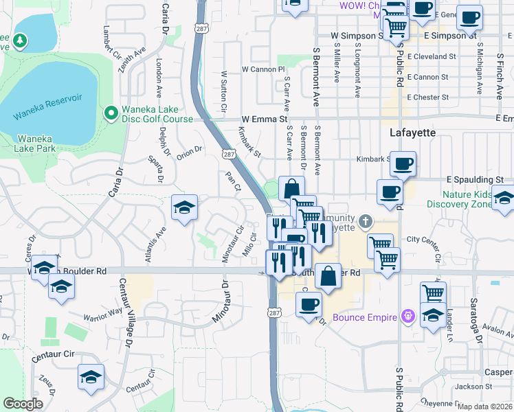 map of restaurants, bars, coffee shops, grocery stores, and more near 928 Milo Circle in Lafayette