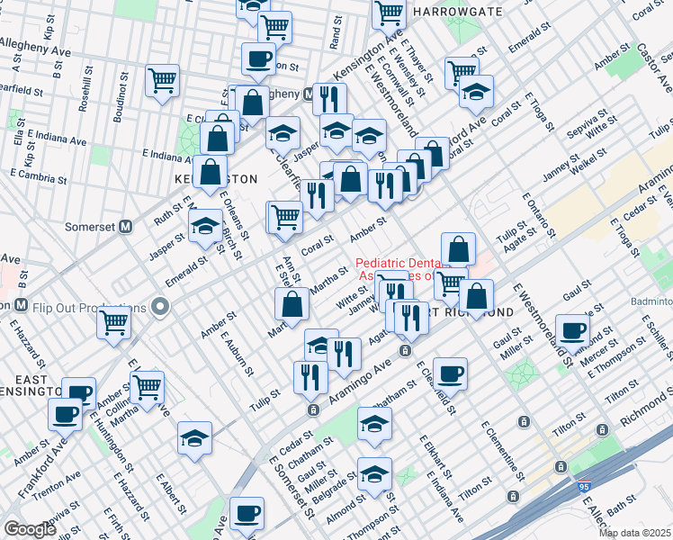map of restaurants, bars, coffee shops, grocery stores, and more near 3072 Martha St in Philadelphia