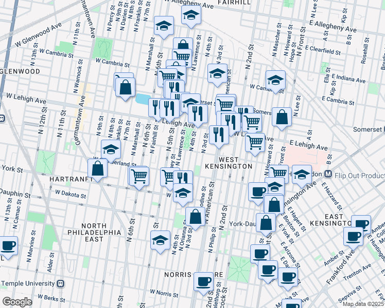 map of restaurants, bars, coffee shops, grocery stores, and more near 324 West Huntingdon Street in Philadelphia