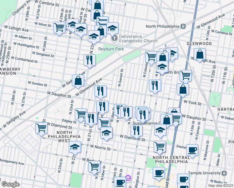 map of restaurants, bars, coffee shops, grocery stores, and more near 2350 North Garnet Street in Philadelphia