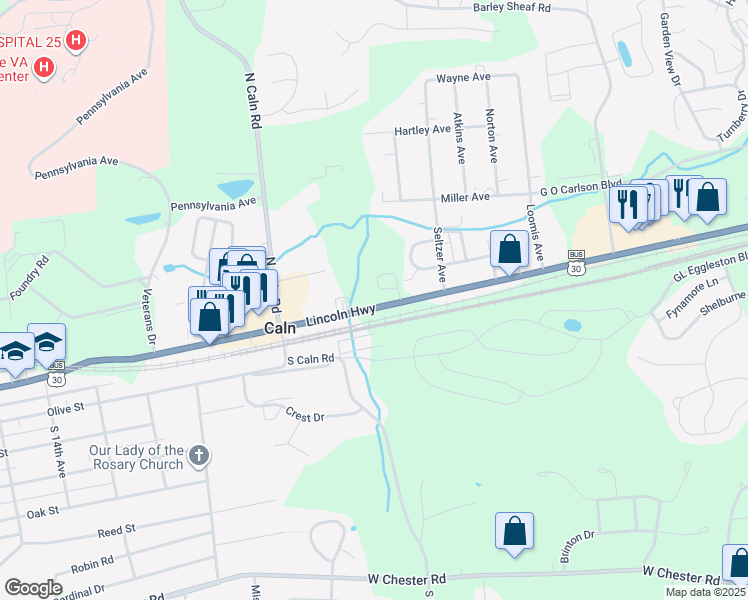 map of restaurants, bars, coffee shops, grocery stores, and more near 2131 Lincoln Highway East in Coatesville